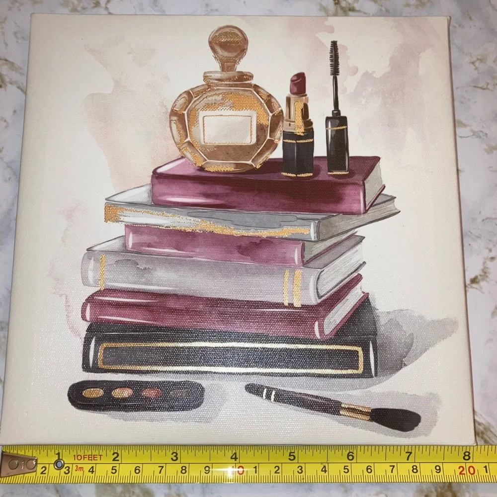 NEW Makeup and Books Canvas Wall Art Burgundy Gold Beauty Glam Home Decor